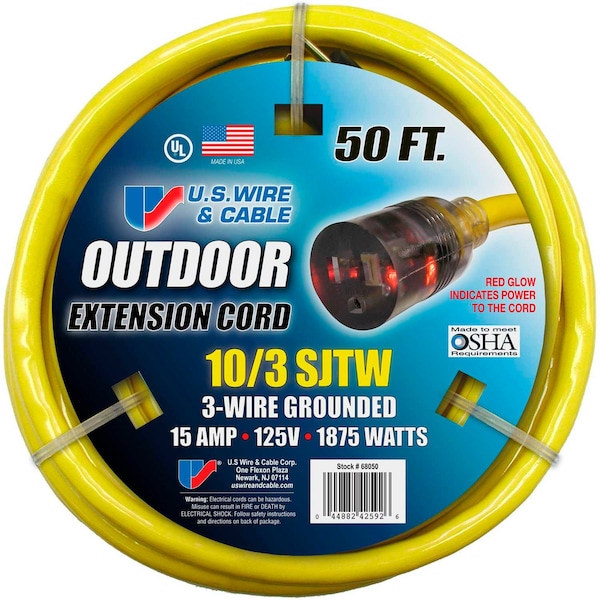 U.S. Wire & Cable SJTW Extension Cord, 10 AWG, Outdoor, 10/3, 1 Outlets, 5-15R, Yellow, Vinyl, 5-15P, 50 ft 68050 - main